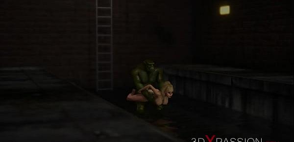  Crazy fuck in the sewer! Sexy blonde gets fucked hard by a green monster